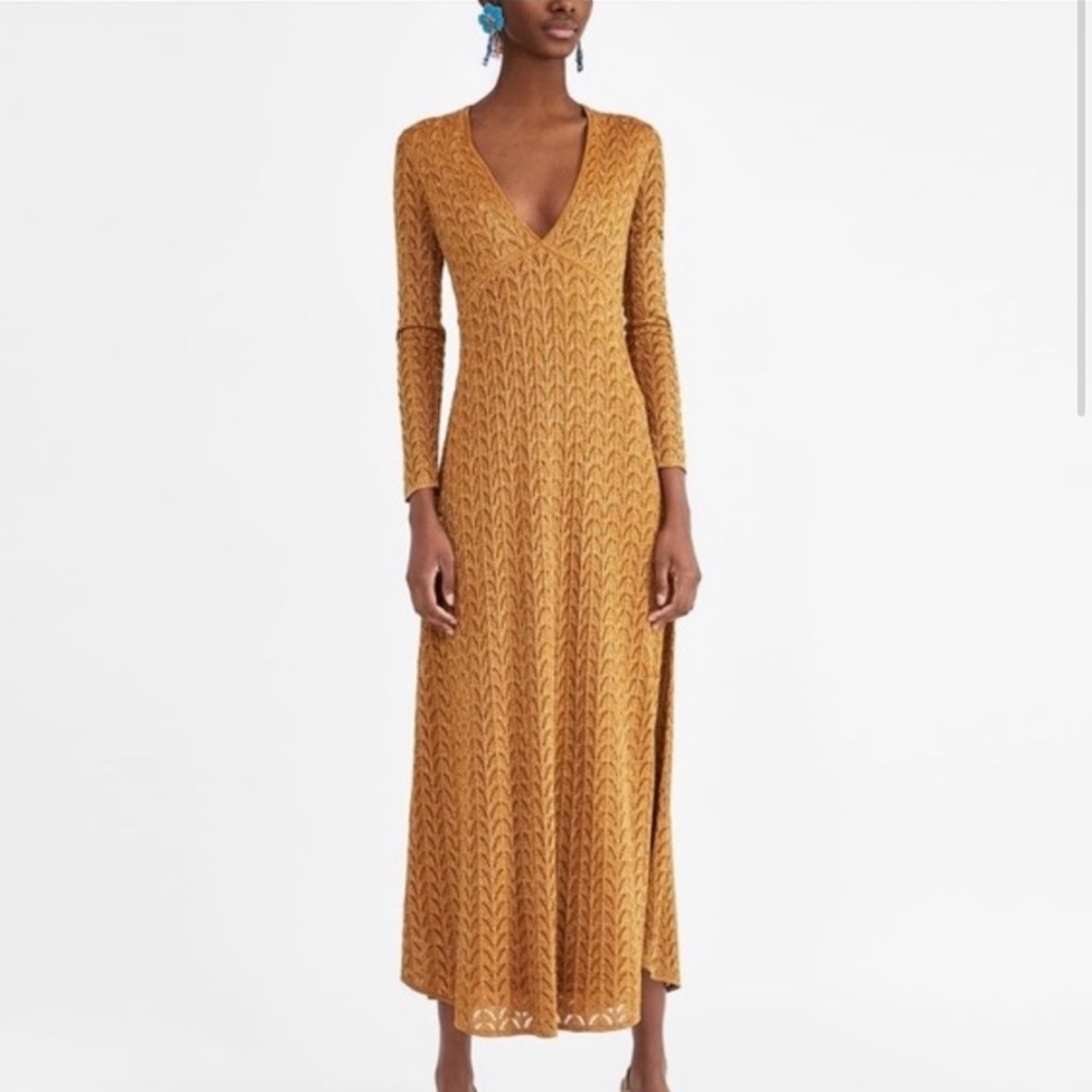 Zara Resort Maxi Dress Long Sleeve Boho Mustard Knit vacation Coachella